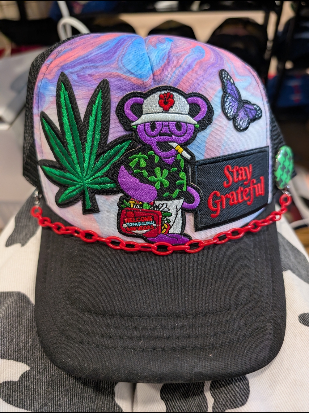 Stay Grateful Purple Tie-Dye Trucker Hat